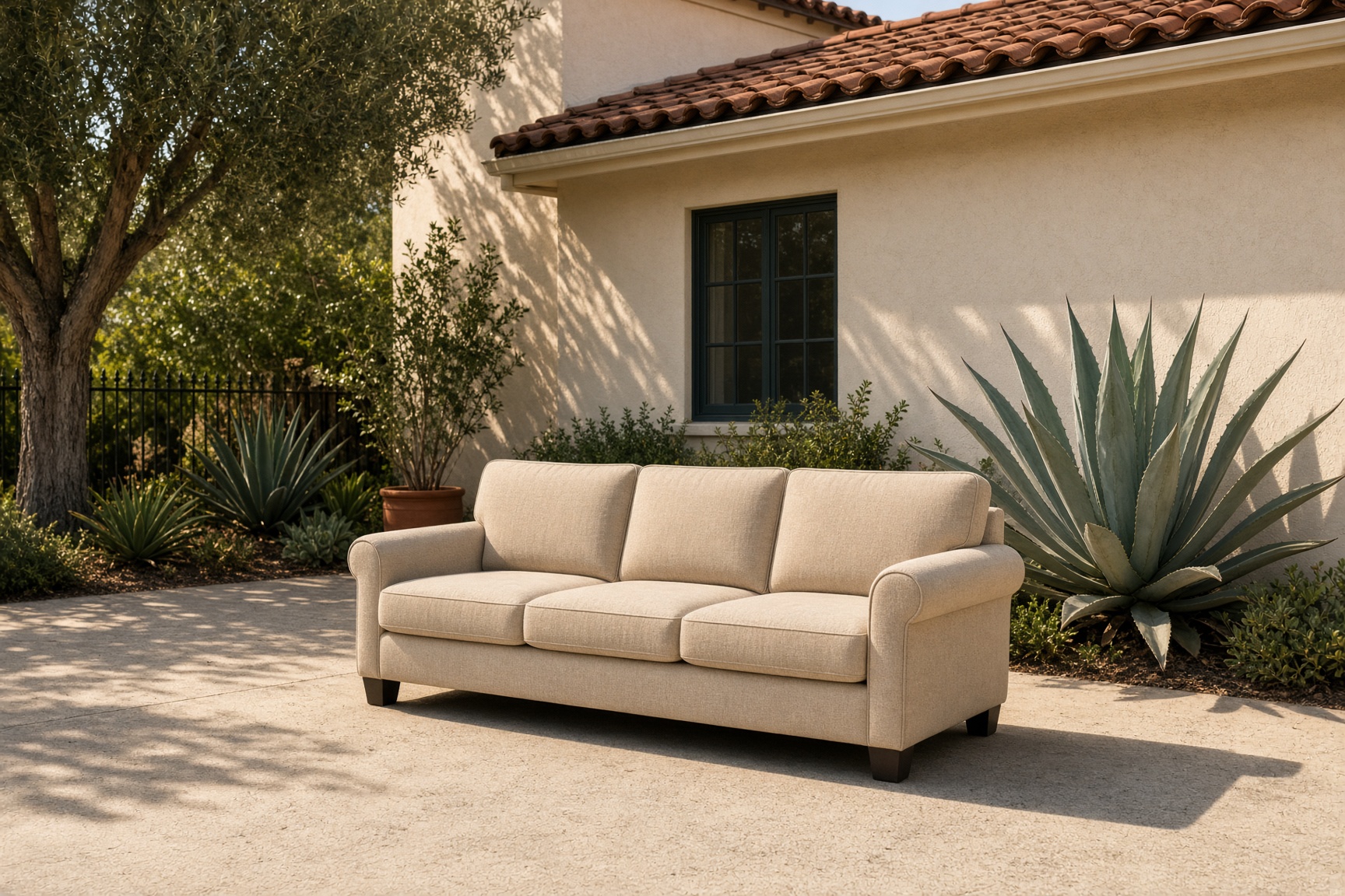 Sofa staged on a San Diego driveway for same day couch removal