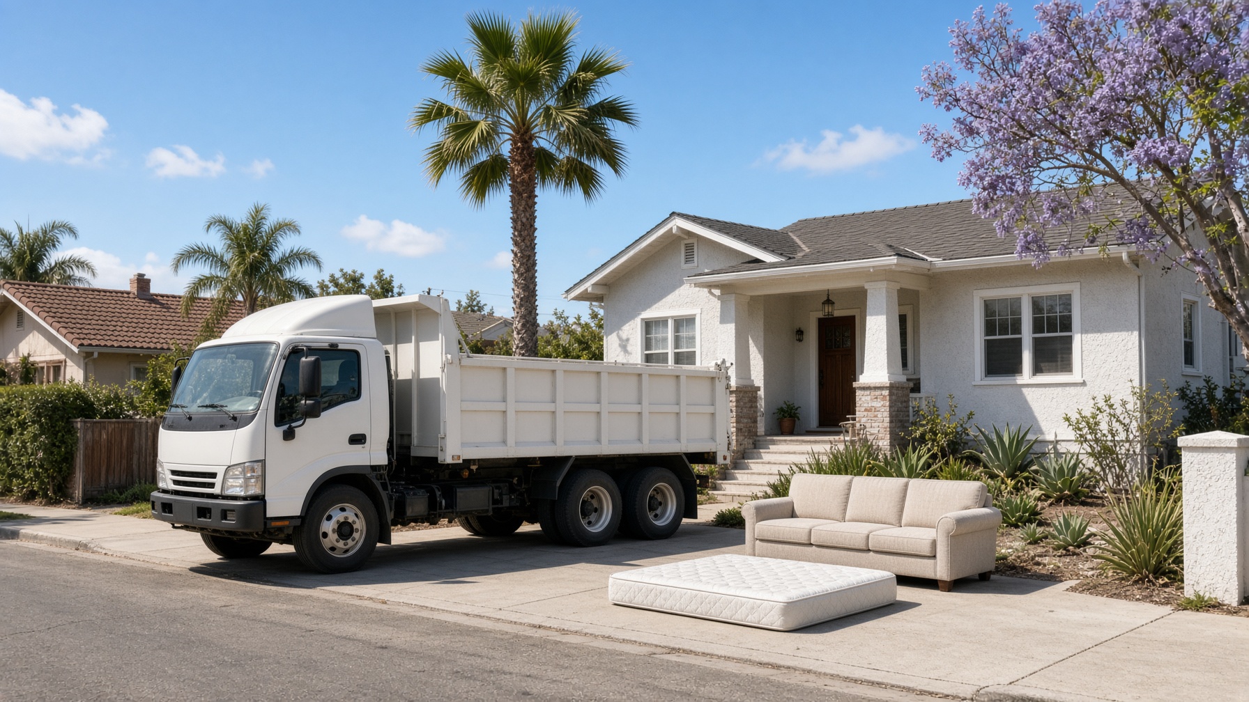 Junk hauling truck at a San Diego curb with a mattress and sofa staged for same day pickup
